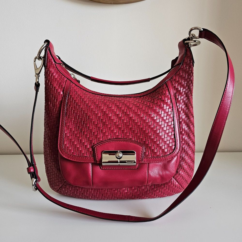 Coach Red Woven Leather Crossbody Bag with Silver Turn-Lock